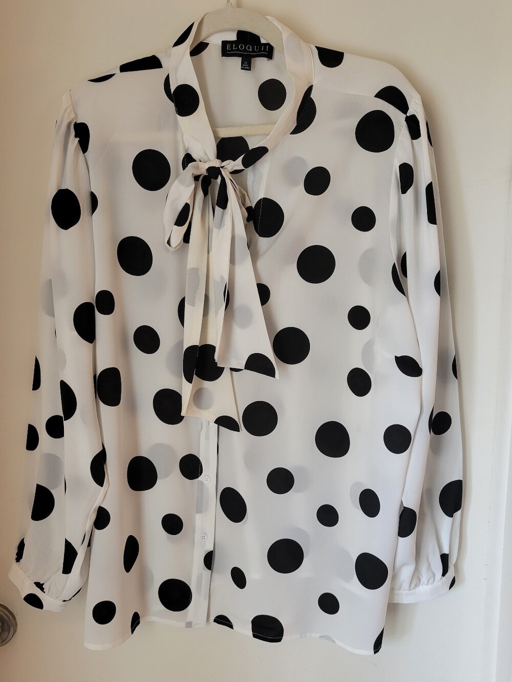 Eloquii Black & White Polka Dot Bow-Tie Blouse
